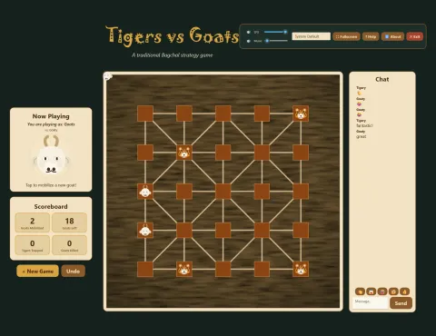 An online match in progress, playing the goats against a friend: the board, the Now Playing panel naming the opponent, the scoreboard, and a chat panel on the right with messages, emoji reactions and a message box