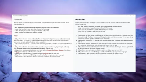 The text viewer with Markdown text on the left and its formatted preview on the right, describing Shrestha Files and its built-in viewers