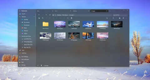 Four tabs open in one pane, with a folder of winter photos showing