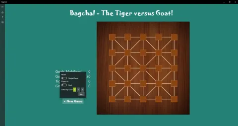 Bagchal in April 2020 on a teal background, with a wooden board and the New Game options open: mode, player as tiger or goat, and difficulty levels 1 to 3