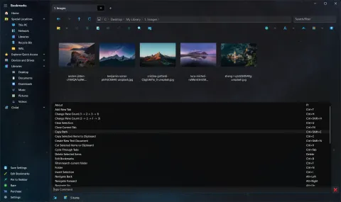 The command palette open above its Type Command box, listing commands such as Add New Tab, Copy Path and Create New Text Document, each with its keyboard shortcut