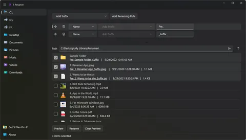 The preview in S Renamer showing Sample Folder becoming Pre_Sample Folder_Suffix and 1. Renamer App.jpeg becoming Pre_1. Renamer App_Suffix.jpeg