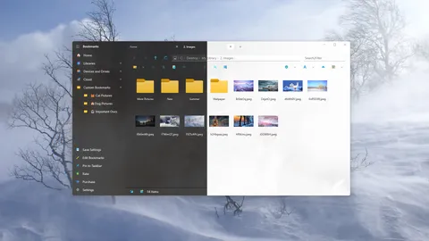 The same folder of photos shown half in dark theme and half in light theme