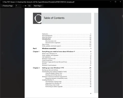 The PDF viewer showing a book's table of contents, with Previous Page and Next Page buttons, a page number box with a Go button, and arrows at the sides for the previous and next PDF
