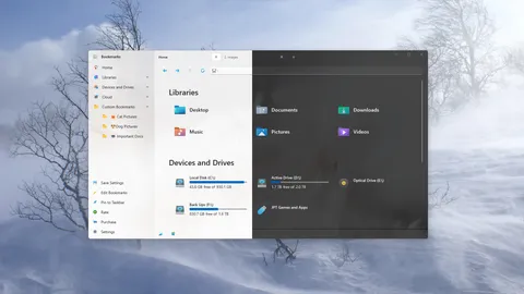 The Home page with libraries and drives, half in light theme and half in dark theme