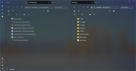 Two panes side by side, one showing a folder of files and the other its parent folder, each with its own tabs