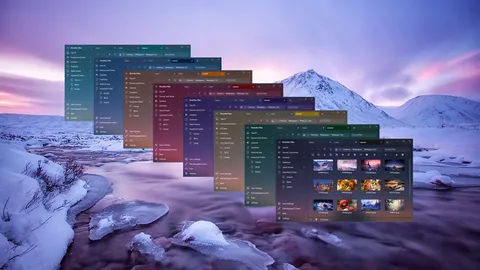 A stack of windows showing some of the colorful themes