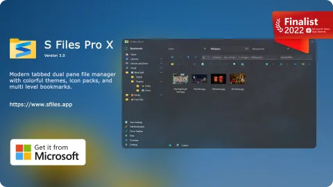 Announcement graphic for S Files Pro X version 3.0, with the new logo, a screenshot of the app, the Microsoft Store App Awards 2022 finalist badge and a Get it from Microsoft button