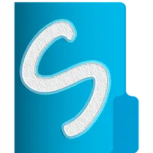 A blue folder with a large white, textured S