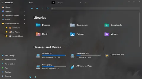 The bookmarks sidebar with a Custom Bookmarks folder holding Cat Pictures, Dog Pictures and Important Docs, each with an emoji icon