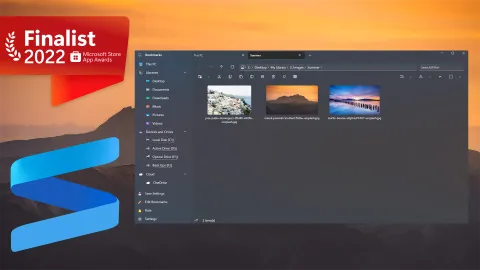 A Microsoft Store screenshot of Shrestha Files Pro X in a dark theme with the Microsoft Store App Awards 2022 finalist badge