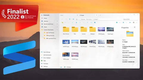 S Files Pro X in light theme showing a folder of photos in grid view with the Properties pane, next to the Microsoft Store App Awards 2022 finalist badge