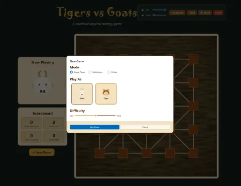 The New Game dialog: single player, multiplayer or online, play as goat or tiger, and a difficulty slider from easy to hard
