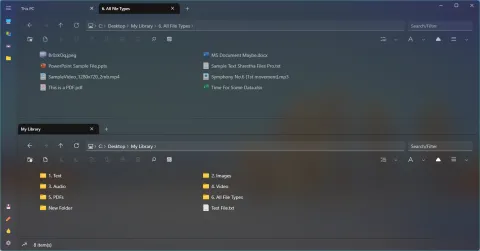 Two panes stacked top and bottom, each with its own tabs and toolbar