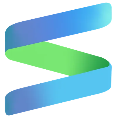 The new logo, a ribbon-shaped S in blue and green