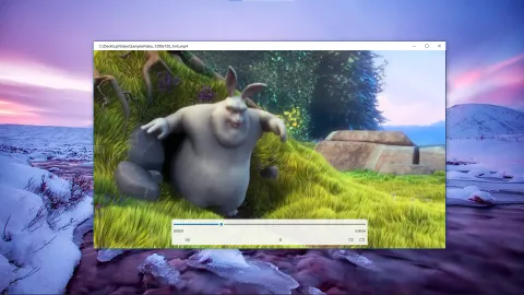 The video player in its own window, playing an animated film with a large rabbit in a meadow, with playback controls at the bottom
