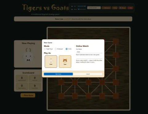 Hosting an online match: the New Game dialog in Online mode with a player name entered and a room code to share, a Room Code banner across the top of the window, and a message saying the game is waiting for the other player to join