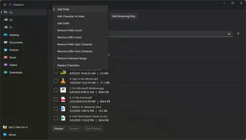 The list of nine renaming rules, from Add Prefix to Replace Characters