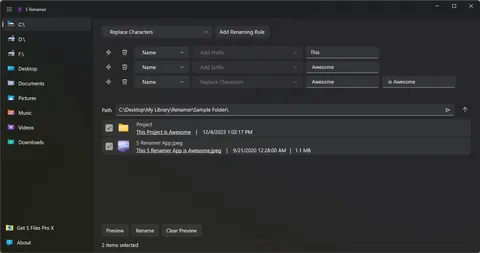 S Renamer with three stacked rules (Add Prefix, Add Suffix and Replace Characters) previewing the folder Project renamed to This Project is Awesome