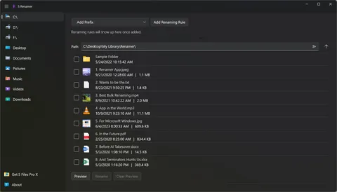 S Renamer with a folder of files listed and no renaming rules added yet